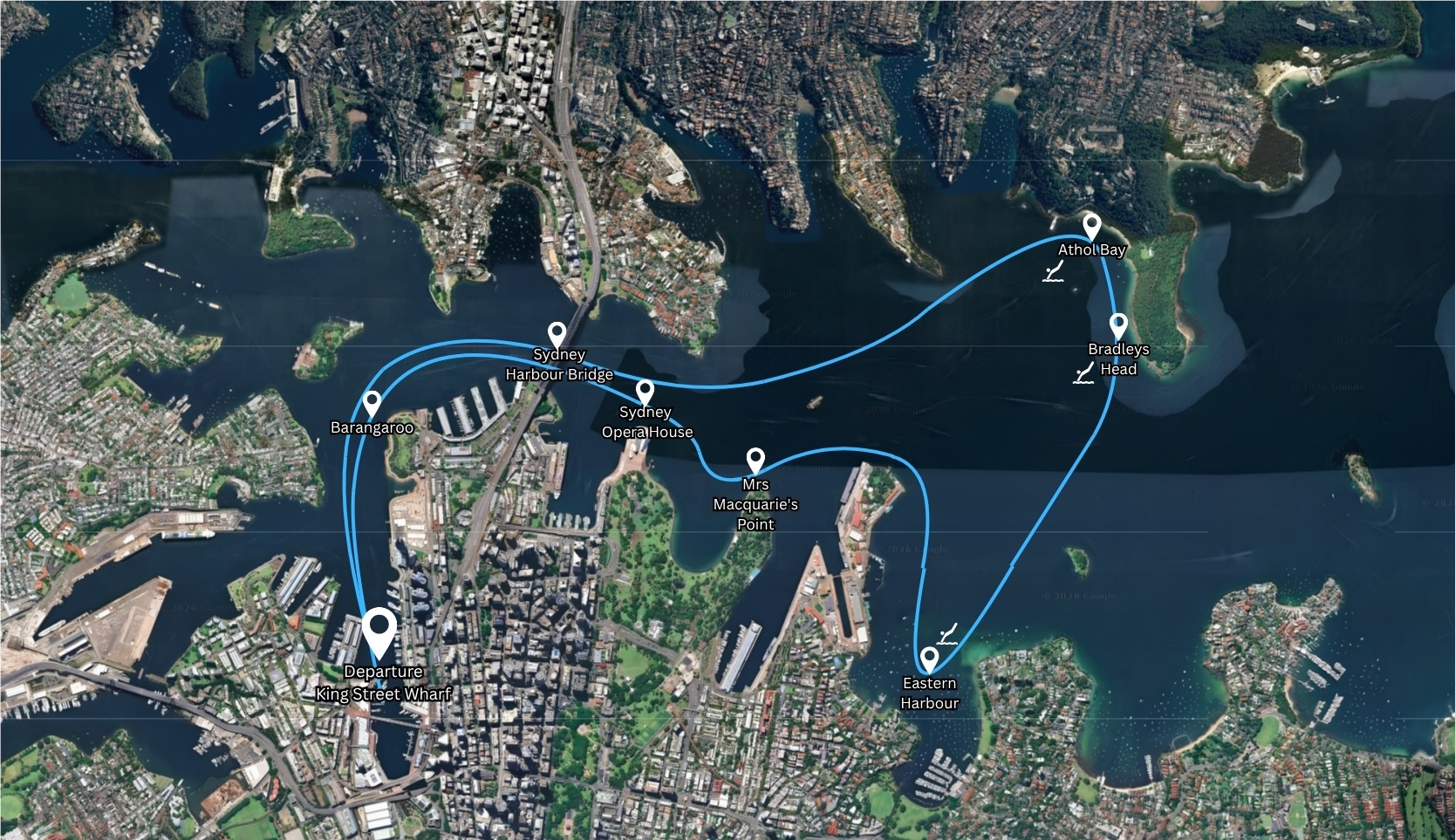 Map of the Sydney Harbour charter route from King Street Wharf past Barangaroo, the Harbour Bridge, the Opera House, Mrs Macquarie's Point, the eastern harbour and Bradleys Head to Athol Bay