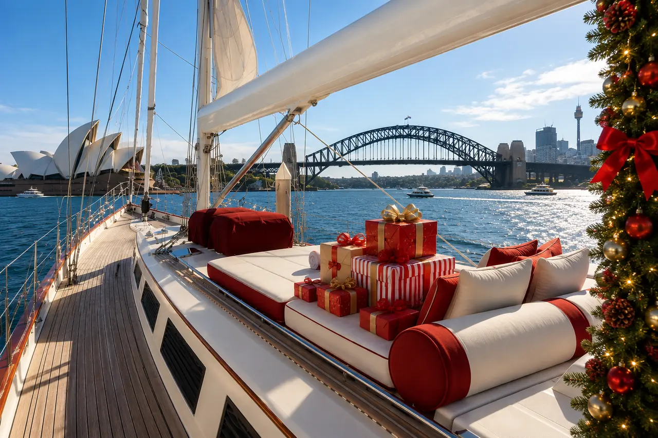 Christmas gifts and a decorated tree on the deck of a charter yacht with the Sydney Harbour Bridge and Opera House behind
