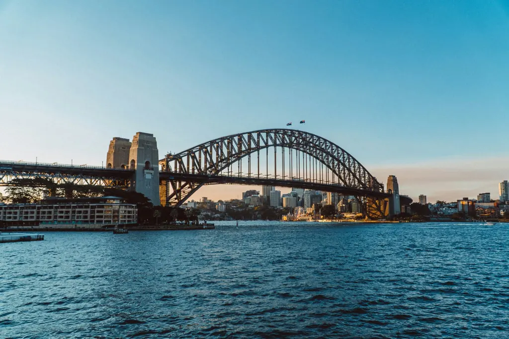 Sydney Harbour Bridge at dusk with the city skyline behind