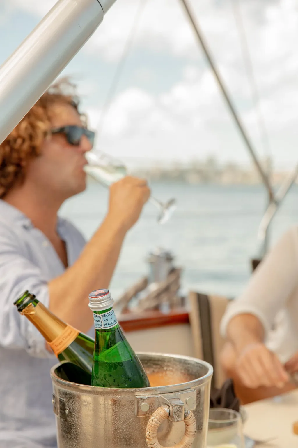 Chilled champagne and sparkling water served on board Sir Thomas Sopwith