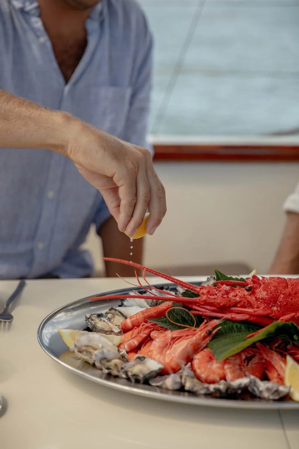 A seafood platter of lobster, prawns and oysters served aboard Sir Thomas Sopwith