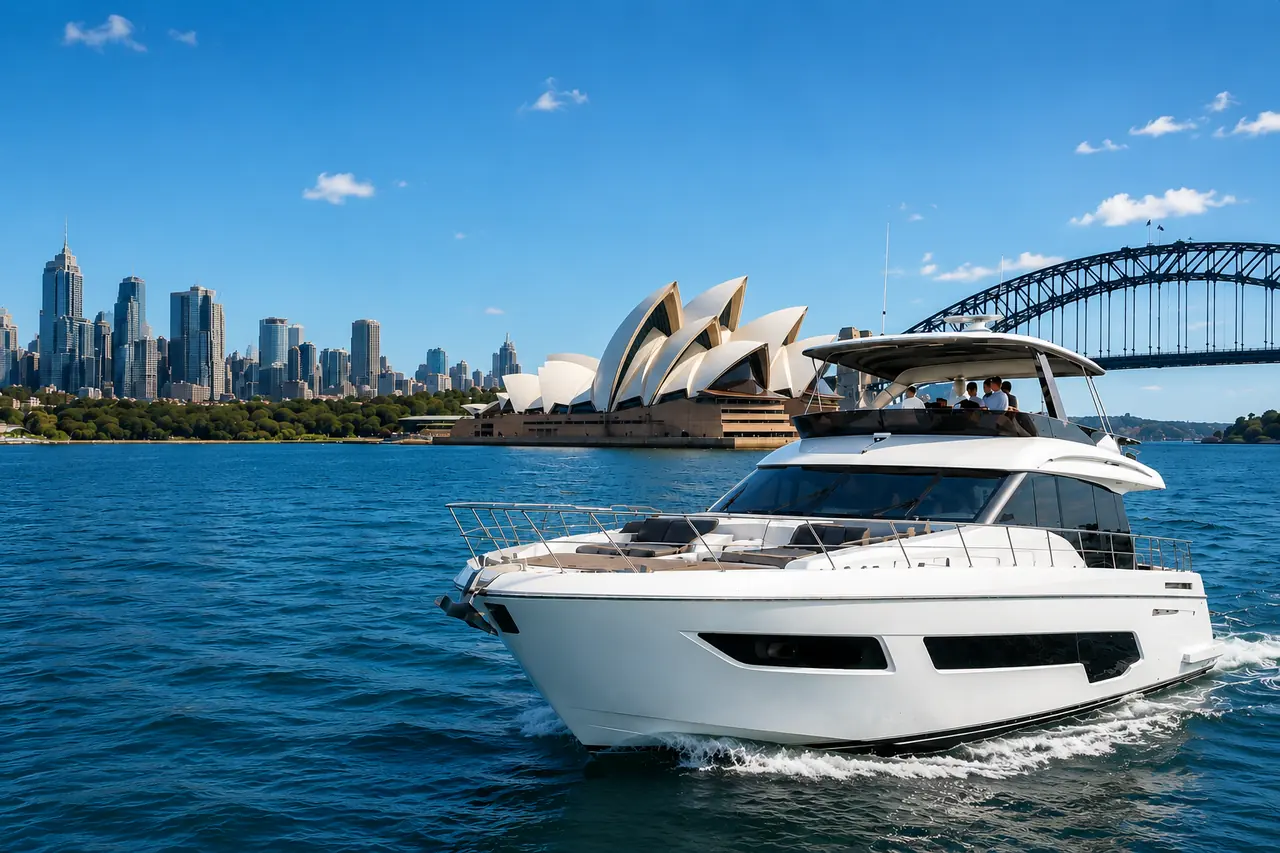 Luxury motor yacht cruising Sydney Harbour at sunset past the Opera House and Harbour Bridge
