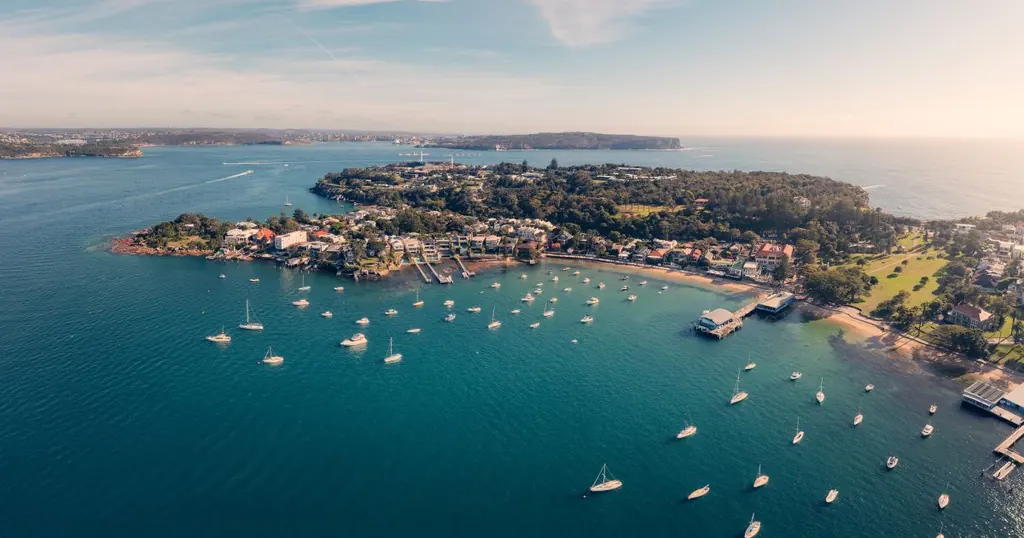Aerial view of Watsons Bay and moored boats near the entrance to Sydney Harbour