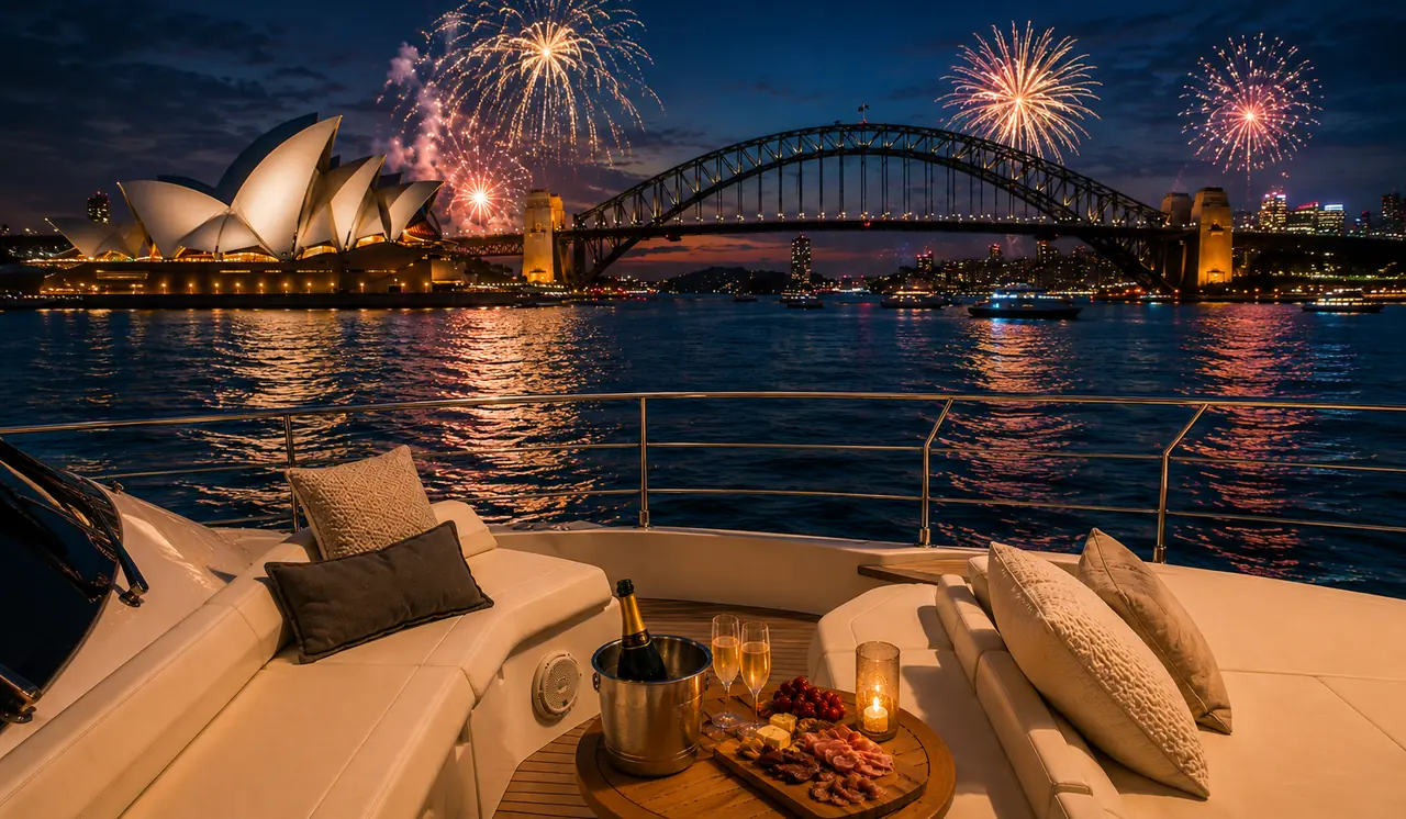 New Year's Eve fireworks over the Sydney Harbour Bridge and Opera House seen from the deck of a private charter yacht set with champagne